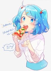 Rule 34 | ahoge, bad id, bad twitter id, blue eyes, blue hair, blue skirt, blush, breasts, collared dress, collared shirt, commentary request, dress, dress shirt, eating, fingernails, food, hair bobbles, hair ornament, hands up, holding, holding food, kawashiro nitori, long fingernails, long sleeves, nail polish, open mouth, pink nails, pizza, shirt, short hair, skirt, sleeves past elbows, smile, sparkle, swept bangs, teeth, touhou, translation request, two side up, upper body, upper teeth only, white shirt