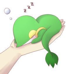 Rule 34 | 10s, bad id, bad pixiv id, closed eyes, creatures (company), game freak, gen 5 pokemon, in palm, nintendo, out of frame, pokemon, pokemon (creature), pokemon bw, simple background, sleeping, snivy, solo focus, utani (punishment), white background