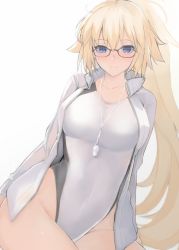 Rule 34 | 1girl, arms at sides, bad id, bad twitter id, black-framed eyewear, blonde hair, blue eyes, competition swimsuit, cowboy shot, fate/apocrypha, fate/grand order, fate (series), glasses, hair between eyes, high collar, highres, hood, hooded jacket, jacket, jeanne d&#039;arc (fate), jeanne d&#039;arc (ruler) (fate), jeanne d&#039;arc (swimsuit archer) (fate), jeanne d&#039;arc (swimsuit archer) (second ascension) (fate), jewelry, legs together, long hair, looking at viewer, mobu, necklace, one-piece swimsuit, parted bangs, ponytail, simple background, sitting, smile, solo, swimsuit, swimsuit under clothes, very long hair, whistle, whistle around neck, white background, white jacket, white one-piece swimsuit