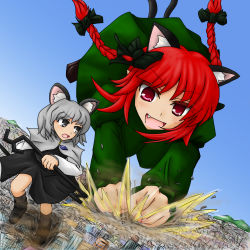 Rule 34 | 2girls, animal ears, bad id, bad pixiv id, bow, braid, cat ears, cat girl, cat tail, city, dautsen, destruction, dowsing rod, dress, fang, female focus, giant, giantess, hair bow, highres, huge giantess, kaenbyou rin, long hair, mouse ears, multiple giantesses, multiple girls, multiple tails, nazrin, open mouth, red eyes, red hair, running, grey eyes, silver hair, size difference, sketch, tail, touhou, twin braids