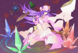Rule 34 | 1girl, asasa (jack21), book, bow, celestial globe, crystal, feathers, female focus, flying paper, globe, hair bow, hair ribbon, hat, inkwell, lamp, long hair, magic circle, multiple hair bows, paper, patchouli knowledge, purple eyes, purple hair, ribbon, solo, touhou