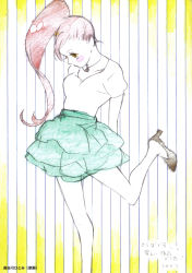 Rule 34 | 00s, 1girl, alternate hairstyle, blush stickers, casual, colored pencil (medium), fashion, gainax, graphite (medium), hayashi akemi, high heels, highres, jewelry, necklace, non-web source, official art, ponytail, scan, side ponytail, sketch, skirt, solo, tengen toppa gurren lagann, traditional media, translation request, yoko littner