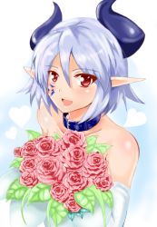 Rule 34 | 1girl, :d, bare shoulders, blue hair, blush, bouquet, bride, collar, collarbone, demon girl, dress, elbow gloves, female focus, flower, gloves, happy, heart, horns, light blue hair, looking at viewer, monster girl, monster girl encyclopedia, monster girl encyclopedia world guide i: fallen maidens, open mouth, pointy ears, red eyes, red flower, red rose, rose, short hair, silver hair, smile, solo, strapless, strapless dress, succubus (monster girl encyclopedia), succubus wilmarina, tattoo, wedding dress, wilmarina noscrim, yu (yoki)