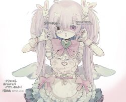 Rule 34 | 1girl, apron, bow, bowtie, commission, dress, eyepatch, hair ornament, hairclip, hands up, heart, highres, long hair, looking at viewer, low wings, original, pink eyes, pink hair, rabbit hair ornament, simple background, solo, twintails, upper body, white background, wing hair ornament, wings, youyuu (melt yo103)