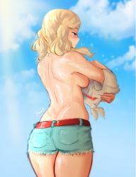 Rule 34 | 1girl, ass, bawdy, blonde hair, blue eyes, breasts, highres, nipples, persona, persona 5, persona 5 scramble: the phantom strikers, shorts, solo, sweat, takamaki anne, twintails