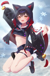 Rule 34 | 1girl, absurdres, akuame (ring3922), animal ears, black footwear, black hair, black jacket, black shirt, black shorts, blush, breasts, cropped shirt, highres, hololive, jacket, looking at viewer, medium breasts, medium hair, multicolored hair, official alternate costume, ookami mio, ookami mio (another ookami mio), open mouth, red hair, shirt, shoes, short shorts, shorts, smile, socks, solo, streaked hair, tail, tail around own leg, thigh strap, underboob, virtual youtuber, white socks, wolf ears, wolf girl, wolf hood, wolf tail