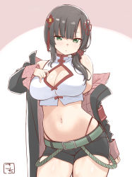 Rule 34 | 1girl, arm at side, armband, assault lily, bare shoulders, belt, belt buckle, black hair, black jacket, black shorts, blunt bangs, breasts, buckle, cleavage, cleavage cutout, clothing cutout, commentary request, cowboy shot, crop top, flower knot, gochisousama (tanin050), green belt, green eyes, hair between eyes, hair ornament, hair scrunchie, hand up, highleg, highleg panties, highres, jacket, large breasts, light blush, long hair, long sleeves, looking at viewer, low ponytail, midriff, navel, off shoulder, official alternate costume, panties, panty straps, parted lips, pink background, red panties, red scrunchie, scrunchie, shirt, short shorts, shorts, side ponytail, sleeveless, sleeveless shirt, sleeves past wrists, solo, standing, stomach, tassel, two-sided fabric, two-sided jacket, two-tone background, underwear, undressing, wang yujia, white background, white shirt, wide sleeves