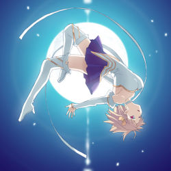Rule 34 | 1girl, arched back, arcueid brunestud, bare shoulders, blonde hair, boots, breasts, choker, cleavage, cosplay, crescent, crescent hair ornament, detached sleeves, dress, full moon, hair ornament, high heels, magical girl, medium breasts, moon, phantas-moon, red eyes, shoes, short hair, skirt, solo, strapless, strapless dress, takenashi eri, thigh boots, thighhighs, tsukihime, upside-down, zettai ryouiki