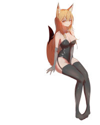 Rule 34 | 1girl, absurdres, animal ear fluff, animal ears, arknights, black leotard, black thighhighs, bow, bowtie, breasts, cleavage, collar, detached collar, elbow gloves, fox ears, fox girl, fox tail, franka (arknights), garter straps, gloves, grey gloves, hair between eyes, highres, invisible chair, lahz52, large breasts, leotard, long hair, looking at viewer, red bow, red bowtie, red eyes, shiny skin, sitting, smile, solo, strapless, strapless leotard, tail, thighhighs, white collar