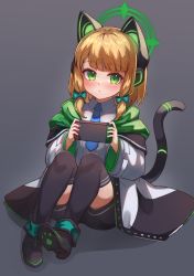 Rule 34 | 1girl, animal ears, black footwear, black shorts, black thighhighs, blonde hair, blue archive, blue necktie, blush, boots, cat tail, closed mouth, collared shirt, commentary request, fake animal ears, full body, green eyes, grey background, halo, highres, holding, hood, hood down, hooded jacket, jacket, long sleeves, looking at viewer, midori (blue archive), miya (miyaruta), necktie, nintendo switch, open clothes, open jacket, shirt, shoe soles, short shorts, shorts, solo, tail, thighhighs, thighhighs under boots, white jacket, white shirt, wide sleeves