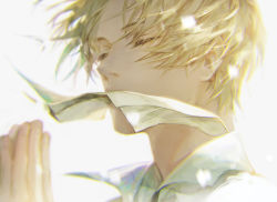 Rule 34 | 1boy, backlighting, blonde hair, collared shirt, eyelashes, closed eyes, haban (haban35), light particles, male focus, mouth hold, natsume takashi, natsume yuujinchou, own hands together, paper, portrait, praying, shirt, short hair, simple background, solo, white background, white shirt, wind