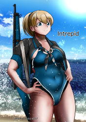 Rule 34 | 1girl, beach, blue eyes, blue one-piece swimsuit, bolt action, breasts, brown hair, cowboy shot, curvy, gun, hair between eyes, high side ponytail, highres, intrepid (kancolle), kantai collection, large breasts, looking at viewer, m1903 springfield, one-hour drawing challenge, one-piece swimsuit, onomichi (528959), plump, ponytail, rifle, short hair, smile, solo, swimsuit, water, weapon