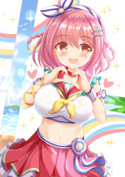 Rule 34 | 1girl, :d, blush, braid, breasts, brown eyes, choker, collarbone, commentary request, crop top, hair between eyes, hair ornament, hairclip, hands up, heart, heart hands, highres, hoshizaki akari, large breasts, looking at viewer, midriff, navel, neckerchief, ongeki, open mouth, pink hair, pleated skirt, red choker, red sailor collar, red skirt, sailor collar, shirt, single wrist cuff, skirt, sleeveless, sleeveless shirt, smile, solo, sparkle, twin braids, white shirt, wrist cuffs, xenon (for achieve), yellow neckerchief