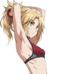 Rule 34 | 1girl, armpits, arms behind head, arms up, blonde hair, bra, braid, breasts, fate/apocrypha, fate (series), french braid, green eyes, hair ornament, hair scrunchie, highres, long hair, looking at viewer, mordred (fate), mordred (fate/apocrypha), parted bangs, ponytail, red bra, resized, scrunchie, sidelocks, simple background, small breasts, solo, tonee, tying hair, underwear, upscaled, white background