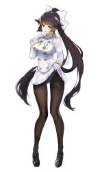 Rule 34 | 1girl, amami amayu, azur lane, black footwear, black hair, blush, bow, breasts, embarrassed, epaulettes, full body, gloves, hair bow, highres, jacket, knees together feet apart, large breasts, long hair, long sleeves, looking at viewer, military, military uniform, naval uniform, panties, panties under pantyhose, pantyhose, parted lips, pleated skirt, ponytail, simple background, skirt, solo, takao (azur lane), thighband pantyhose, underwear, uniform, very long hair, white background, white gloves, white hair, white jacket, white panties, white skirt