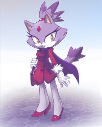 Rule 34 | 1girl, animal ears, bag, blaze the cat, cat ears, cat girl, cat tail, coat, eyelashes, forehead jewel, fur-trimmed gloves, fur trim, furry, furry female, gloves, high heels, highres, nancher, ponytail, purple fur, purple scarf, red coat, red footwear, scarf, shoulder bag, sonic (series), tail, white gloves, yellow eyes