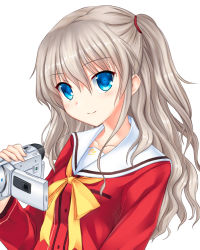 Rule 34 | 10s, 1girl, blue eyes, camcorder, charlotte (anime), highres, kietai na, long hair, looking at viewer, school uniform, serafuku, silver hair, simple background, smile, solo, tomori nao, two side up, video camera