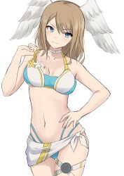 Rule 34 | 1girl, absurdres, adjusting clothes, adjusting swimsuit, bikini, blue eyes, breast tattoo, breasts, brown hair, choker, cleavage, commentary request, eunie (xenoblade), fukai asase, hand on own hip, head wings, highres, looking at viewer, medium breasts, medium hair, multi-strapped bikini, navel, official alternate costume, smile, solo, swimsuit, tattoo, thigh strap, white background, white choker, white wings, wings, xenoblade chronicles (series), xenoblade chronicles 3