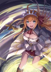 Rule 34 | 1girl, ahoge, blue eyes, braid, breasts, cleavage, gloves, hair between eyes, hair ornament, hair ribbon, highres, ito t20a, large breasts, long hair, looking at viewer, open mouth, orange hair, pecorine (princess connect!), princess connect!, puffy short sleeves, puffy sleeves, red ribbon, ribbon, short sleeves, skirt, solo, sword, tiara, very long hair, weapon