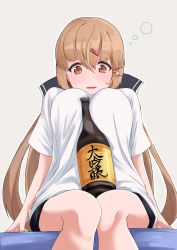 Rule 34 | 1girl, black bow, blush, bottle, bow, breasts, brown eyes, brown hair, feet out of frame, grey background, hair between eyes, hair bow, hair ornament, hairclip, highres, kantai collection, komb, large breasts, long hair, low twintails, open mouth, sake bottle, shirt, short sleeves, simple background, solo, tashkent (kancolle), twintails, white shirt