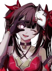 1girl :d arm_at_side bare_shoulders bell black_choker black_gloves bow brown_hair choker collarbone dress eyeliner flower-shaped_pupils fox_mask gloves glowing glowing_eye hair_between_eyes hair_bow highres honkai:_star_rail honkai_(series) looking_at_viewer makeup mask mask_on_head neck_bell ok_sign ok_sign_over_eye one_eye_closed open_mouth pink_eyes red_bow red_dress red_eyeliner shimotsuki_niko sidelocks simple_background sleeveless sleeveless_dress smile solo sparkle_(honkai:_star_rail) symbol-shaped_pupils teeth twintails white_background