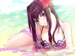 Rule 34 | 1girl, bikini, bikini top only, brown hair, collarbone, day, fate/grand order, fate (series), flower, hair between eyes, hair flower, hair ornament, head tilt, hibiscus, lens flare, long hair, md5 mismatch, outdoors, parted lips, pixiv fate/grand order contest 2, purple bikini, red eyes, red flower, resolution mismatch, sarong, scathach (fate), scathach (fate/grand order), scathach (swimsuit assassin) (fate), shiny skin, solo, source larger, swimsuit, water