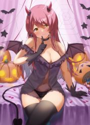 Rule 34 | 1girl, absurdres, arm support, black choker, black gloves, black panties, black thighhighs, blush, breasts, brown eyes, brown hair, brown wings, candy, candy wrapper, choker, cleavage, closed mouth, collarbone, commentary request, crossed legs, curtains, demon girl, demon horns, demon tail, demon wings, food, gloves, hair between eyes, halloween, halloween bucket, hand up, highres, horns, idolmaster, idolmaster shiny colors, index finger raised, jack-o&#039;-lantern, lollipop, long hair, medium breasts, navel, off shoulder, osaki tenka, panties, see-through, silk, sitting, smile, solo, spider web, swirl lollipop, tail, thighhighs, underwear, very long hair, wanimaru, wings