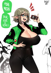 Rule 34 | 1boy, 1girl, absurdres, among us, black pants, black shirt, breasts, cellphone, cleavage, cowboy shot, crewmate (among us), curvy, drooling, glasses, green jacket, hand on own hip, highres, jacket, large breasts, long pointy ears, looking at another, motor vehicle, mouth drool, norman maggot, original, pants, phone, pointy ears, red (among us), scooter, shirt, simple background, smartphone, smile, speech bubble, standing, talking on phone