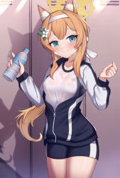 Rule 34 | 1girl, animal ear fluff, animal ears, black jacket, black shorts, blue archive, blush, bottle, breasts, brown hair, closed mouth, commentary request, gym shirt, gym shorts, gym uniform, hair between eyes, halo, headband, highres, holding, holding bottle, jacket, locker, locker room, long hair, long sleeves, looking at viewer, low ponytail, mari (blue archive), mari (track) (blue archive), open clothes, open jacket, ponytail, puffy long sleeves, puffy sleeves, shirt, short shorts, shorts, sidelocks, small breasts, smile, solo, sweat, track jacket, uneg, very long hair, water bottle, white headband, white shirt