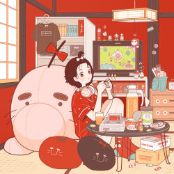 Rule 34 | 1girl, absurdres, black hair, bookshelf, brown eyes, chest of drawers, clock, controller, cup, doseisan, food, game cartridge, game console, game controller, headphones, highres, indoors, knees up, mother (game), mother 2, nintendo, original, red shirt, red socks, red theme, shirt, short hair, short sleeves, socks, solo, super famicom, super famicom cartridge, table, television, window, yoshimon