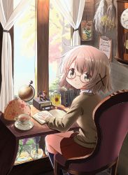 Rule 34 | 1girl, absurdres, bespectacled, black socks, blush, book, brown eyes, brown hair, chair, character doll, clipboard, clock, closed mouth, commentary request, cup, curtains, desk, english text, flower, glasses, globe, hair ornament, hidamari sketch, highres, hiro (hidamari sketch), indoors, kneehighs, looking at viewer, looking back, open book, percy pyl, picture frame, red skirt, sae (hidamari sketch), saucer, short hair, sitting, skirt, smile, socks, solo, sweater, table, teacup, vase, window, x hair ornament, yuno (hidamari sketch)