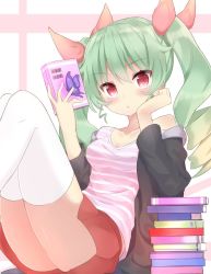 Rule 34 | 1girl, :t, anchovy (girls und panzer), bad id, bad twitter id, black jacket, blush, book, breasts, bug, butterfly, casual, cleavage, closed mouth, commentary, drill hair, girls und panzer, green hair, hair ribbon, head rest, highres, holding, holding book, insect, jacket, leaning back, legs, long hair, looking at viewer, off shoulder, pink ribbon, purple shirt, red eyes, red shorts, ribbon, shirt, short shorts, short sleeves, shorts, shuuichi (gothics), sitting, skindentation, small breasts, solo, striped clothes, striped shirt, thighhighs, twin drills, twintails, white thighhighs