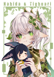 Rule 34 | 1girl, absurdres, bracelet, cape, character doll, character name, commentary request, detached sleeves, doll, genshin impact, gradient hair, green eyes, hair between eyes, hair ornament, highres, holding, holding doll, jewelry, leaf hair ornament, long hair, looking at viewer, multicolored hair, nahida (genshin impact), pointy ears, short sleeves, side ponytail, sidelocks, simple background, smile, solo, streaked hair, symbol-shaped pupils, tighnari (genshin impact), two-tone hair, white hair, yuna hieu