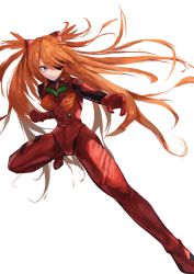 Rule 34 | 1girl, absurdres, alternate hair length, alternate hairstyle, blue eyes, bodysuit, breasts, brown hair, clenched hand, dated, eyepatch, fangs, full body, gloves, grin, hair ornament, highres, jumping, lechiennoir, long hair, looking at viewer, neon genesis evangelion, plugsuit, rebuild of evangelion, red bodysuit, sharp teeth, shiny clothes, simple background, smile, solo, souryuu asuka langley, standing, teeth, very long hair, wide hips