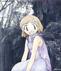Rule 34 | :d, alien nine, blue dress, brown hair, dress, kawamura kumi, looking at viewer, lowres, non-web source, open mouth, photo background, short hair, sitting, sleeveless, sleeveless jacket, smile, source request, tomizawa hitoshi
