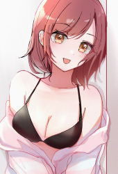 Rule 34 | 1girl, alternate hairstyle, bare shoulders, black bra, blush, bra, breasts, brown hair, cleavage, collarbone, highres, idolmaster, idolmaster shiny colors, ki nu uu, long sleeves, looking at viewer, medium breasts, off shoulder, open clothes, open mouth, open shirt, osaki amana, short hair, smile, solo, swept bangs, underwear, yellow eyes
