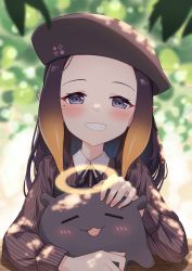 Rule 34 | 1girl, beret, black ribbon, blurry, blurry background, blush, brown shirt, commentary, creature, english commentary, fang, gradient hair, grin, halo, hat, highres, hololive, hololive english, long hair, long sleeves, looking at viewer, mole, mole under eye, multicolored hair, ninomae ina&#039;nis, ninomae ina&#039;nis (casual), official alternate costume, orange hair, petting, pointy ears, profnote, purple eyes, purple hair, ribbon, shirt, smile, solo, takodachi (ninomae ina&#039;nis), upper body, virtual youtuber