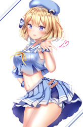 Rule 34 | 1girl, :d, azur lane, bare arms, bare shoulders, beret, blonde hair, blue hat, blue shirt, blue shorts, blue skirt, blush, breasts, buttons, collarbone, cowboy shot, crop top, crop top overhang, frills, hair ribbon, hand on own hip, hand up, hat, heart, highres, looking at viewer, medium breasts, midriff, miniskirt, navel, neck ribbon, open mouth, pleated skirt, purple eyes, ribbon, sailor collar, school uniform, serafuku, shirt, short hair, short shorts, shorts, shorts under skirt, simple background, skirt, sleeveless, sleeveless shirt, smile, solo, standing, stomach, thighs, white background, white sailor collar, wrist cuffs, yellow ribbon, yuano, z23 (azur lane), z23 (perfect smile?) (azur lane)