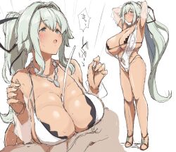 Rule 34 | 1boy, 1girl, arms behind head, azur lane, black eyes, black ribbon, blush, breasts, cleavage, cum, dark-skinned female, dark skin, ejaculation, expressions, hair intakes, hair ribbon, hand on another&#039;s chest, hetero, high ponytail, highleg, highleg swimsuit, huge breasts, inverted nipples, jewelry, lactation, nasakene, necklace, netorare, nipples, o-ring, o-ring swimsuit, one-piece swimsuit, paizuri, ponytail, puffy nipples, ribbon, sandals, see-through, see-through sleeves, senran kagura, senran kagura new link, swimsuit, tropical, unfinished, white hair, white one-piece swimsuit, yuuyaki (blue sky lagoon) (senran kagura), yuuyaki (senran kagura)