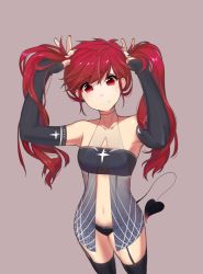 Rule 34 | 1girl, bad id, bad pixiv id, bunching hair, demon tail, highres, hoshi usagi, original, red eyes, red hair, simple background, solo, tail, thighhighs