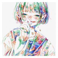 Rule 34 | 1girl, colorful, highres, looking at viewer, open mouth, original, short hair, signature, simple background, sleeves past wrists, smile, solo, tears, traditional media, watanabe tomari, white background