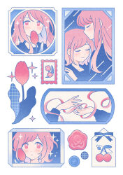Rule 34 | 2girls, blending, blush, cherry, closed eyes, closed mouth, commentary, covered mouth, dot nose, envelope, expressionless, flower, flower (symbol), food, fruit, grid, hand on another&#039;s shoulder, highres, kiss, kissing hair, light smile, long hair, long sleeves, looking at viewer, multiple girls, nahara saki, original, pink eyes, pink flower, pink hair, pink ribbon, plant, profile, reaching, ribbon, short hair, sparkle, tulip, white background, yuri