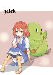 Rule 34 | 1girl, absurdres, back-to-back, bird, boots, copyright name, drinking straw, gloves, helck, highres, huwari (dnwls3010), juice box, orange eyes, pantyhose, piwi, pointy ears, red hair, sitting, vermilio (helck)