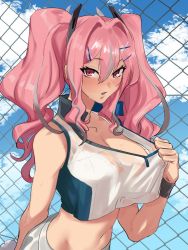 Rule 34 | 1girl, azur lane, blue sky, blush, bra, bra peek, bra visible through clothes, breasts, bremerton (azur lane), bremerton (scorching-hot training) (azur lane), chain-link fence, cleavage, cloud, cloudy sky, crop top, crop top overhang, day, eyelashes, fence, hair between eyes, hair ornament, hairclip, headpiece, kukumomo, large breasts, long hair, looking at viewer, multicolored hair, navel, official alternate costume, outdoors, parted lips, pink eyes, pink hair, shirt, shirt tug, sidelocks, silver hair, skirt, sky, sleeveless, solo, sportswear, stomach, streaked hair, sweat, sweatband, sweatdrop, tank top, tennis uniform, twintails, two-tone hair, underwear, upper body, wet, wet clothes, wet shirt, white bra, white skirt, white tank top, wristband