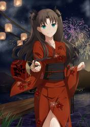 Rule 34 | 1girl, absurdres, aerial fireworks, anidoll, black hair, collarbone, fate/stay night, fate (series), fireworks, green eyes, highres, japanese clothes, kimono, lantern, long hair, looking at viewer, md5 mismatch, paper lantern, red kimono, solo, summer festival, tohsaka rin, yukata