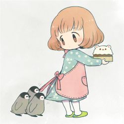 Rule 34 | 1girl, apron, ayu (mog), bird, blue dress, blush, blush stickers, bob cut, bow, brown eyes, brown hair, closed mouth, dress, emperor penguin, floral print, from side, green footwear, grey background, holding, long sleeves, looking back, original, penguin, pink apron, red bow, short hair, simple background, slippers, solo