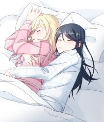 2girls black_hair blonde_hair closed_eyes commentary_request cuddling gradient_hair highres hoshino_ichika_(project_sekai) hug hug_from_behind jujuyun korean_commentary long_hair long_sleeves multicolored_hair multiple_girls on_bed parted_lips pillow pink_hair pink_shirt project_sekai shirt sleeping tenma_saki under_covers white_shirt yuri