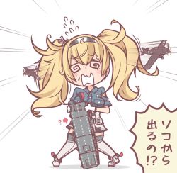 Rule 34 | 1girl, @ @, aircraft, airplane, blonde hair, blue shirt, breast pocket, breasts, collared shirt, commentary request, flight deck, flying sweatdrops, full body, gambier bay (kancolle), hair between eyes, hairband, highres, kantai collection, large breasts, long hair, open mouth, pocket, pori (poritan81), shirt, short sleeves, simple background, solo, thighhighs, translation request, twintails, white background, white thighhighs