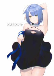 Rule 34 | 1girl, absurdres, ahoge, animal ears, arm ribbon, arm up, armpits, artist name, bad id, bad pixiv id, bare arms, black dress, blue hair, blue ribbon, cat ears, chilli 646, cleavage cutout, clothing cutout, commentary, cowboy shot, detached collar, dress, highres, original, ribbon, short hair, simple background, solo, white background, yellow eyes