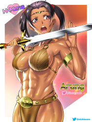 Rule 34 | 1girl, abs, artist name, bikini, borrowed character, breasts, brown bikini, cessa, dark-skinned female, dark skin, holding, holding sword, holding weapon, large breasts, muscular, muscular female, navel, open mouth, solo, standing, swimsuit, sword, teeth, thighs, twintails, upper teeth only, weapon